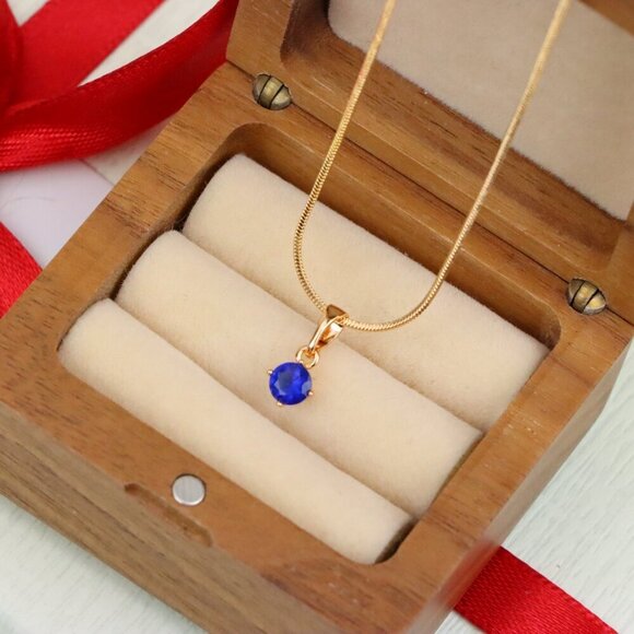 "Tiny Blue Stone Pendant in Gold Plated Brass – Elegant Minimal Detail, XPPT1762 - Picture 9 of 14